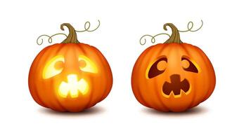 Terrified carved jack-o-lantern with light and shadow realistic color icons set. Scary faces on pumpkins 3d characters on white background vector