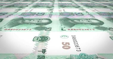 Serie of banknotes of fifty renminbi yuan yen chinese with the face of the communist dictator Mao Tse Tung rolling on screen, coins of the world, cash money, loop video