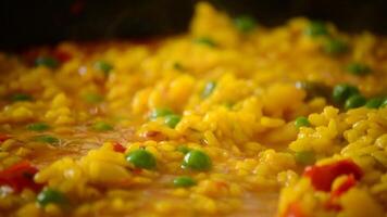 Paella rice boiling close up video