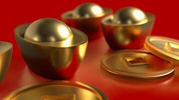 Chinese gold and coins on red Background 3d rendering. photo