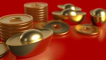 Chinese gold and coins on red Background 3d rendering. photo