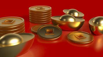 Chinese gold and coins on red Background 3d rendering. photo