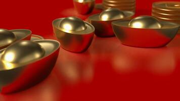 Chinese gold and coins on red Background 3d rendering. photo