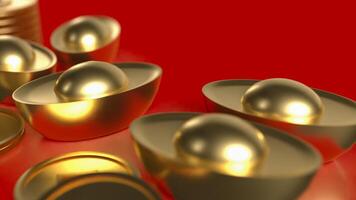 Chinese gold and coins on red Background 3d rendering. photo