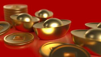Chinese gold and coins on red Background 3d rendering. photo