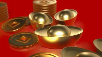 Chinese gold and coins on red Background 3d rendering. photo