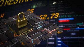 The gold lock on pcb board for Cybersecurity or technology concept 3d rendering. photo