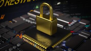 The gold lock on pcb board for Cybersecurity or technology concept 3d rendering. photo