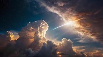 Stunning View of a Starry Sky and Dramatic Clouds with a Shining Light Beam photo
