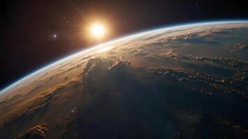 Earth From Space With Sunrise And Clouds photo