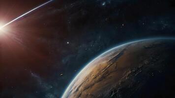 A Celestial View of a Distant Planet with a Glowing Sun and a Starry Sky photo