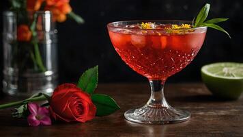 Red Cocktail With Flowers Garnish On A Wooden Table photo