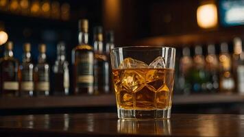 Whiskey Glass on a Bar Counter with Bottles in Background photo