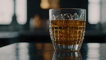 Refreshing Glass of Whiskey with Ice on a Table photo