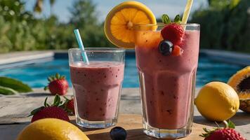 Fruit Smoothies by the Pool on a Summer Day photo