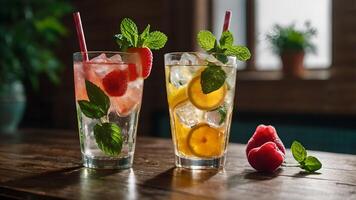Refreshing Summer Drinks with Ice Fruits and Mint photo