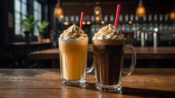 Refreshing Frothy Drinks On A Wooden Table In A Cozy Bar Setting photo
