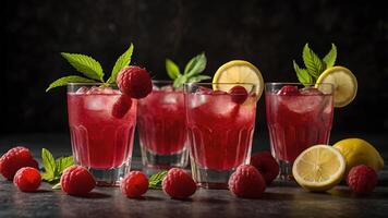 Refreshing Raspberry Lemonade Drinks with Lemon Slices and Fresh Raspberries photo