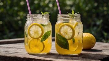 Refreshing Iced Lemonade in Mason Jars on a Rustic Wooden Table photo