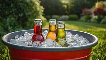 Summer Backyard Picnic with Cold Drinks in a Red Bucket photo