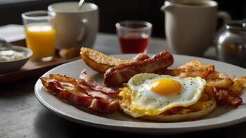 Delicious Breakfast with Scrambled Eggs, Crispy Bacon, and Hash Browns photo