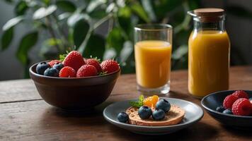 Delicious Breakfast With Berries, Toast and Orange Juice photo