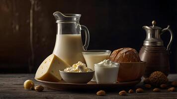 A Rustic Table Setting with Milk, Cheese, Yogurt and Bread photo