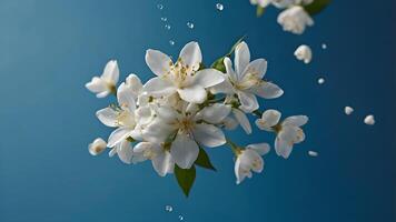 White Jasmine Flowers Falling in Air on Blue Background photo