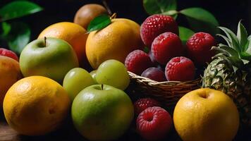 A Colorful Still Life of Fresh Fruits with Juicy Greens and Reds photo
