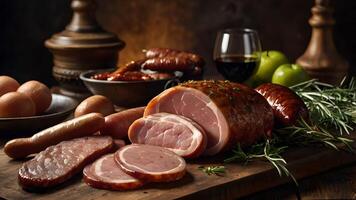 Delicious Smoked Ham and Sausages with Rosemary and Herbs photo