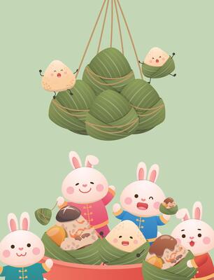 Playful rabbit and rice dumpling mascot, Dragon Boat Festival vertical poster, food made from a string of glutinous rice