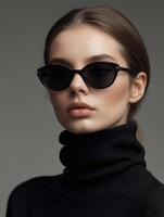 A woman in black sunglasses and turtle neck sweater photo