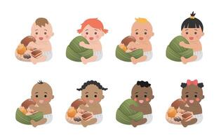 8 Babies with Different Skin Tones and Chinese Dragon Boat Festival Traditional Foods Zongzi, Glutinous Rice Food Wrapped in Bamboo Leaves vector