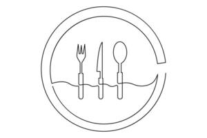 Continuous one Sleek one line knife and fork drawing in continuous outline formatline drawing of knife, fork and plate decoration for cafe or kitchen restaurant premium illustration vector