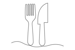 Modern minimalist continuous line knife and fork outline art illustration vector