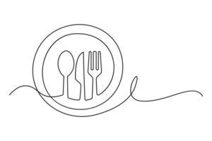 Continuous one line knife and fork outline art for gourmet projects vector