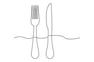 Elegant continuous one line knife and fork outline art for creative designs vector