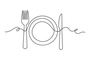 Continuous knife and fork outline art in minimalist one line drawing vector