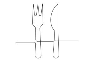 Flowing continuous line knife and fork outline for dining themes vector