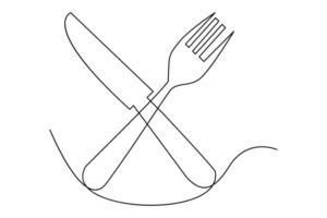 Sleek one line knife and fork drawing in continuous outline art format vector