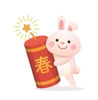 Cute rabbit character or mascot with firecrackers for Chinese New Year, Year of the Rabbit, cartoon style vector