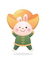 Cute rabbit character or mascot with gold ingot, Chinese lunar new year element, year of the rabbit, cartoon style vector