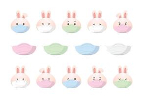 Cute rabbit character or mascot with various expressions, medical mask with virus and protection, health and lifestyle, cartoon style vector