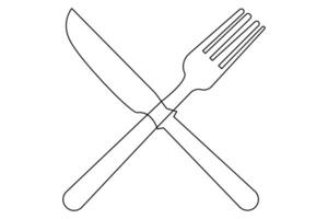 Modern one line drawing of fork and knife outline for food design vector
