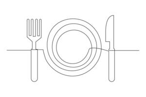 Minimalist continuous line fork and knife outline art for menus vector