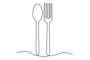 Abstract one line knife and fork drawing in continuous outline style vector