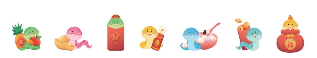 illustration of a set of snake characters or cartoon characters with Chinese New Year, gold coins with ingots and glutinous rice balls vector