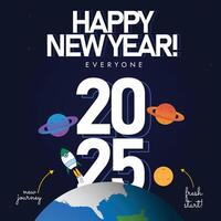 2025 Happy new year banner. New year 2025 celebration banner, post, background with space theme icons of earth globe, spaceships, planets, sun vector