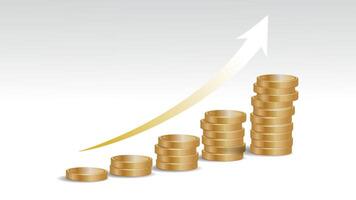 3D Golden coins stack graph with increasing shiny arrow vector