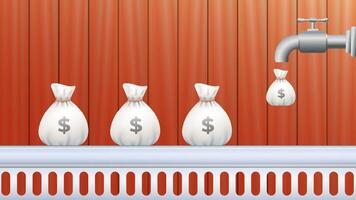 A visual metaphor or conceptual illustration depicting continuously money flowing out of a faucet into a series of money bags, symbolizing thriving business, constant steady income or profit vector